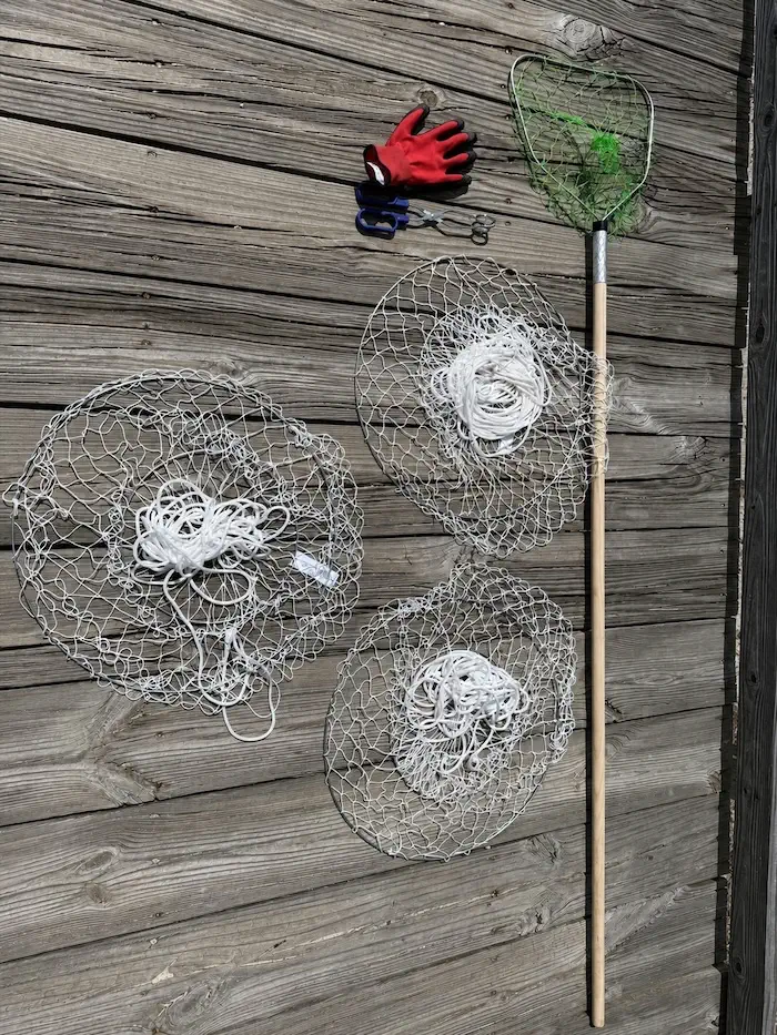 Crab traps, landing net, gloves, and scissors on wooden dock