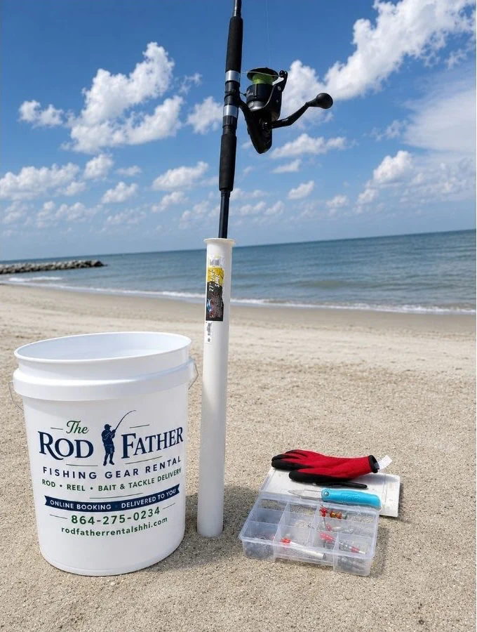 Rod Father fishing gear rental kit on sandy beach